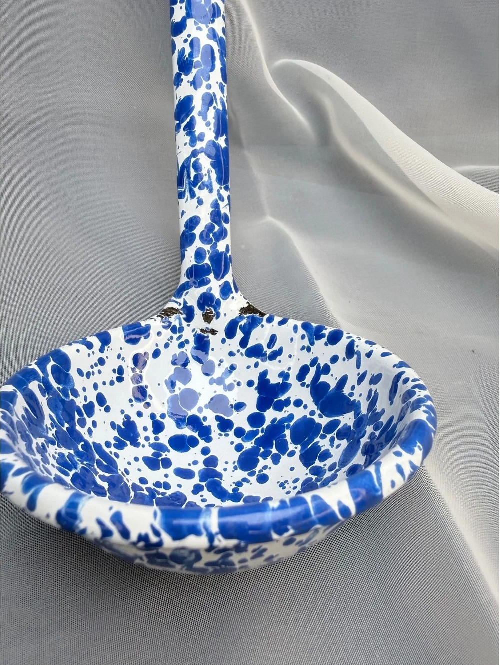 Blue White Splatter Enamelware Ladle Graniteware Farmhouse Kitchen Vintage 10”